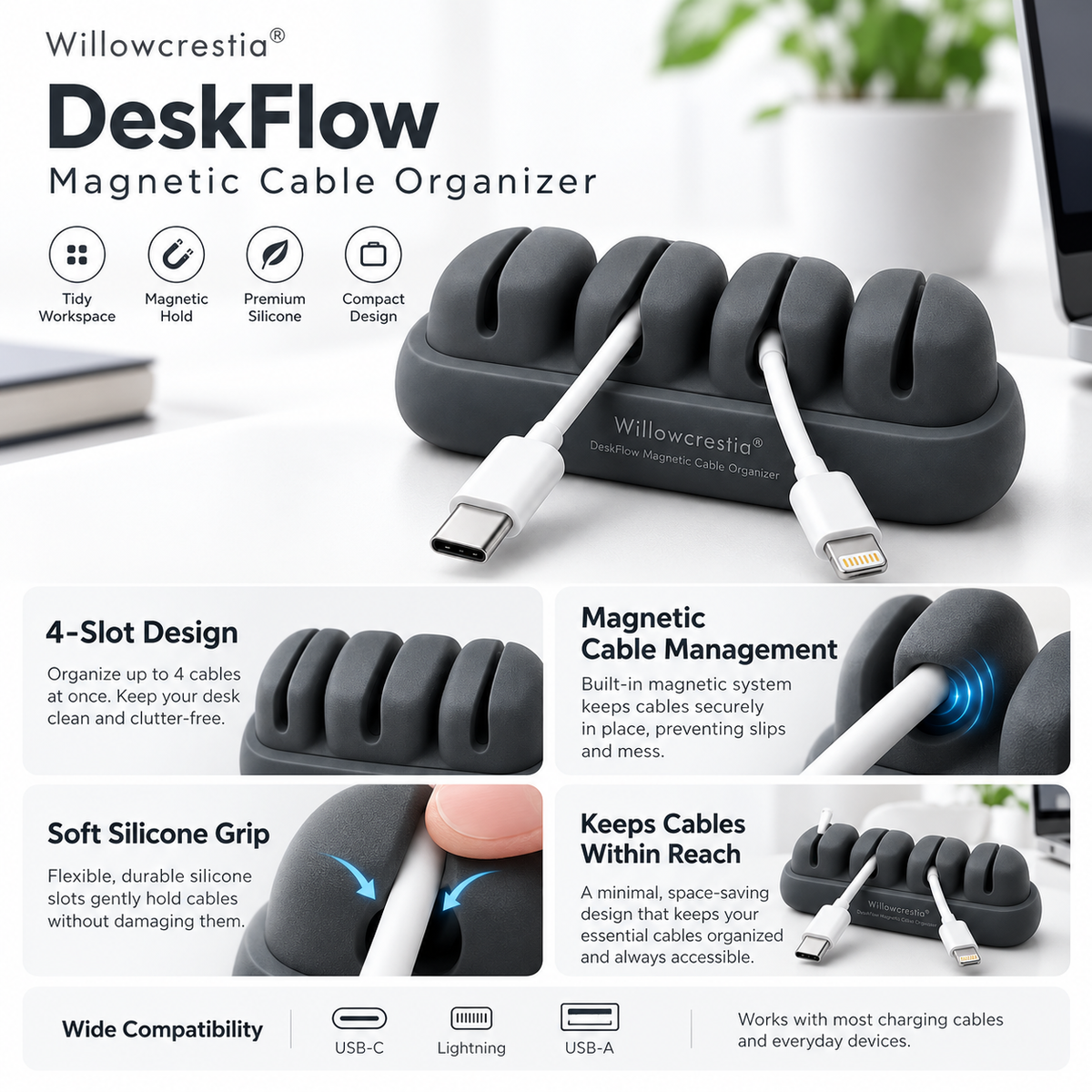 Willowcrestia® DeskFlow Magnetic Cable Organizer
