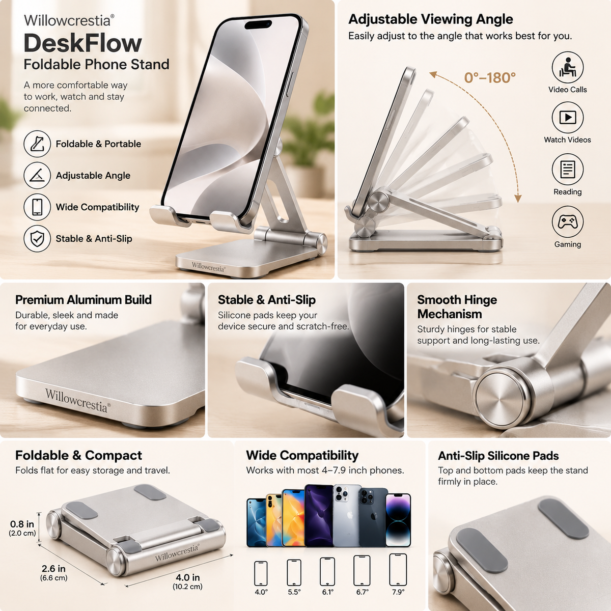 Willowcrestia® DeskFlow Foldable Phone Stand